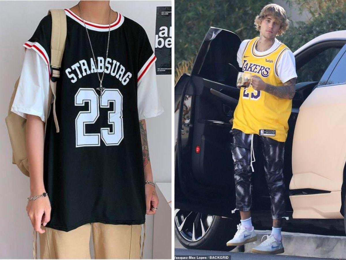 Layer áo bóng rổ với áo thun basic bên trong