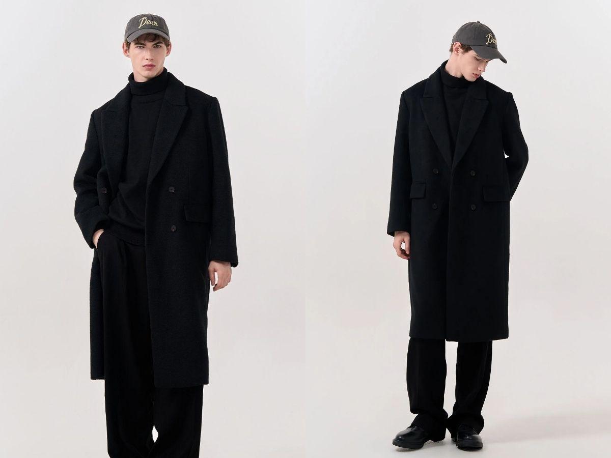 Áo len cashmere kết hợp quần Âu và áo măng tô đen tạo vẻ lịch lãm, sang trọng