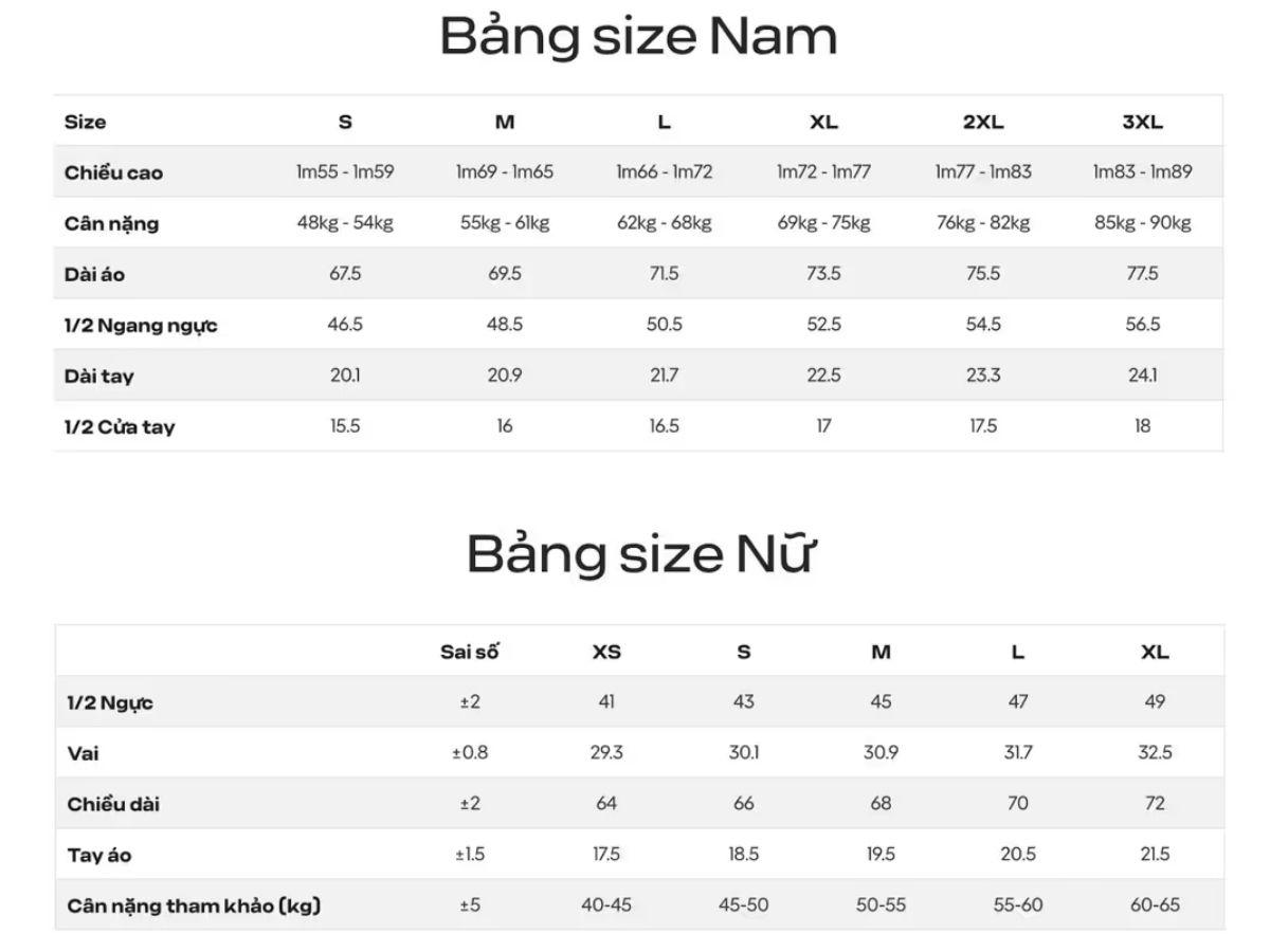 Bảng size quần áo bóng chuyền Coolmate