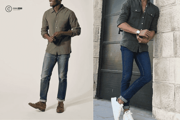 Phối áo sơ mi xanh rêu với quần jeans