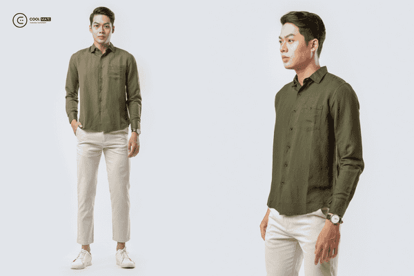 Áo sơ mi xanh rêu mix quần chinos