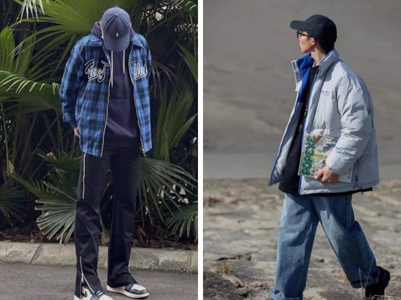 Phối mũ lưỡi trai với áo sơ mi và quần jeans ống rộng