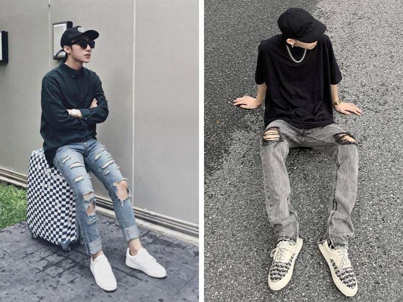 Phối mũ lưỡi trai với áo thun và quần jeans
