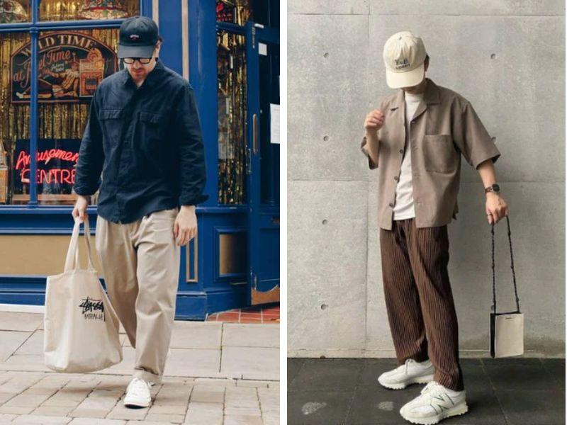 Phối mũ lưỡi trai với quần baggy và áo sơ mi