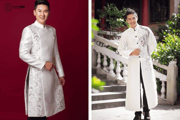 Mẫu áo dài họa tiết trắng đỏ thanh lịch