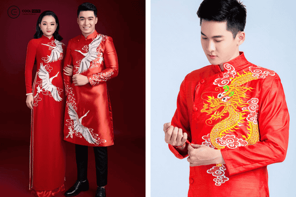 Mẫu áo dài màu đỏ họa tiết rồng phượng