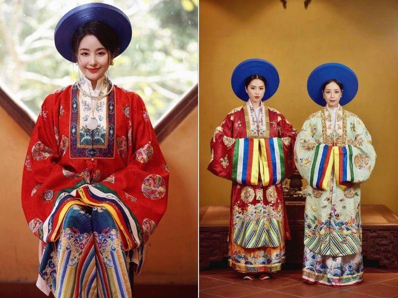 Họa tiết hình chữ nhật to bản ở vạt áo trước ngực áo Nhật Bình