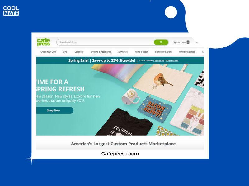 Giao diện website Cafepress.com với nhiều tính năng tiện dụng