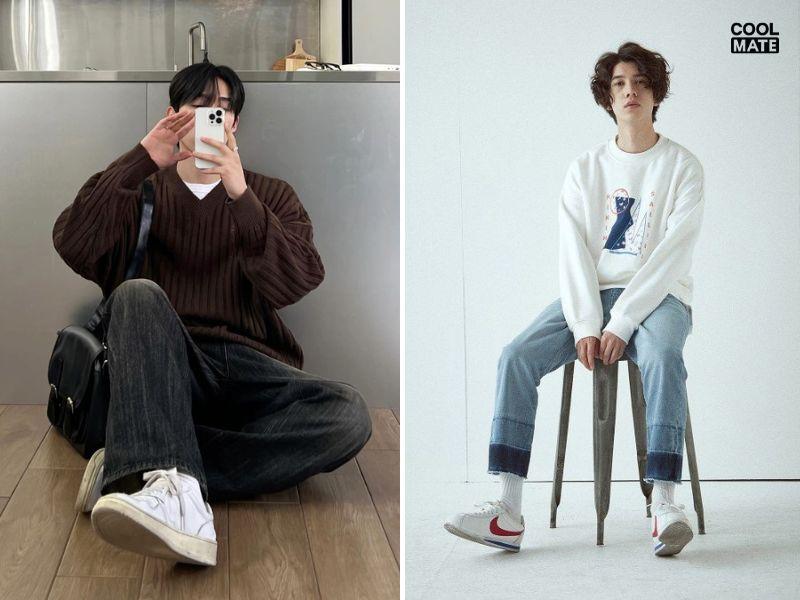 Phối với quần jean áo sweater theo phong cách retro