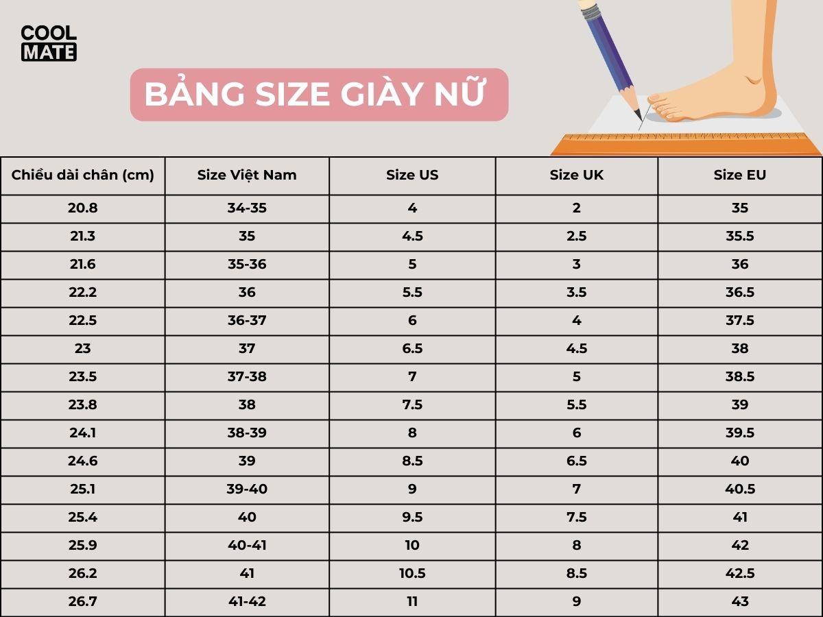 Bảng quy đổi size giày nữ Việt Nam và Quốc tế