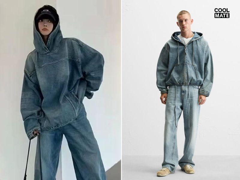 Phối áo hoodie denim cùng quần jeans