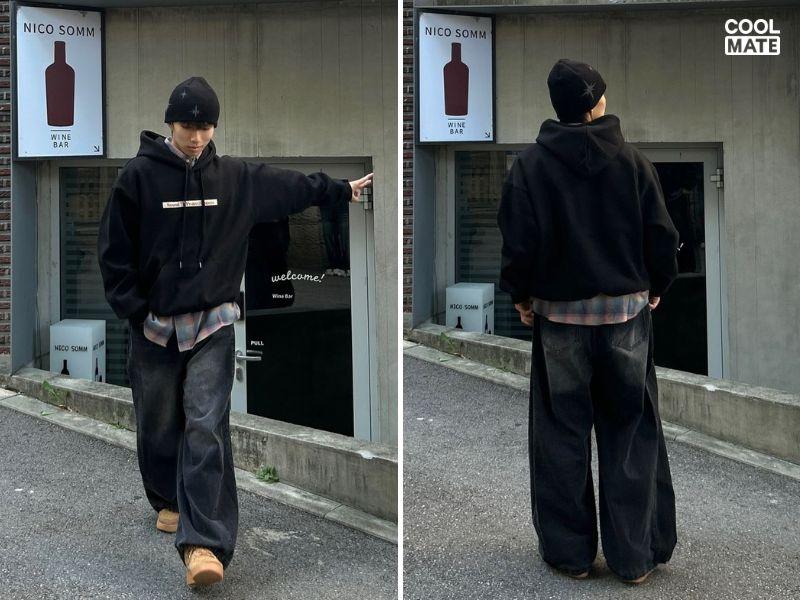 Phối hoodie đen nam với áo sơ mi