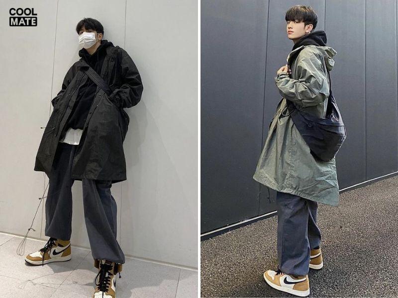 Phối hoodie đen nam với áo khoác dáng dài