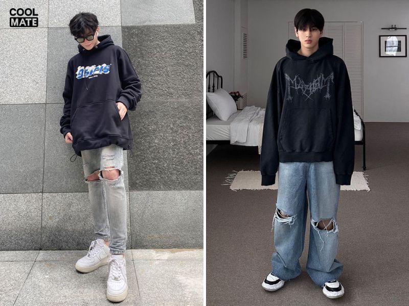 Phối áo hoodie đen với quần jeans rách