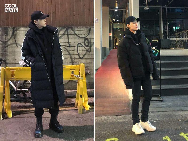 Phối hoodie đen nam với áo phao