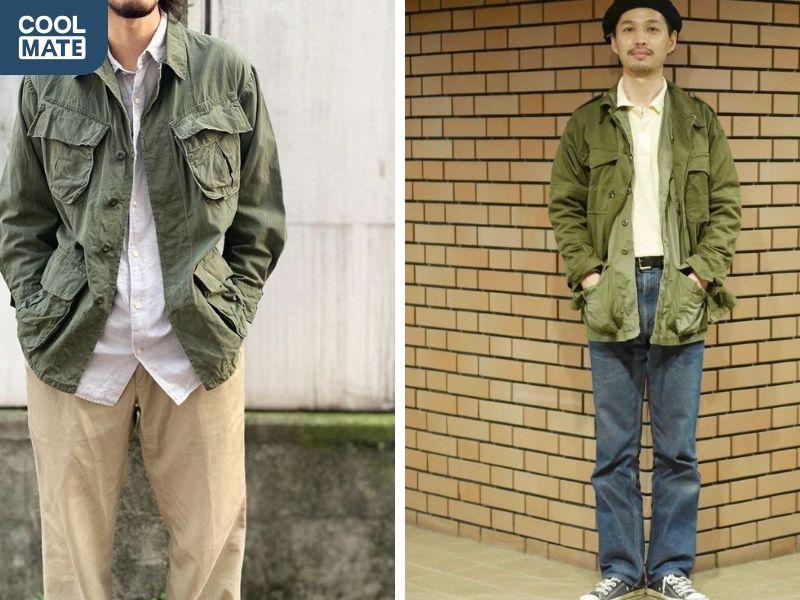 Áo field jacket mix với áo sơ mi 