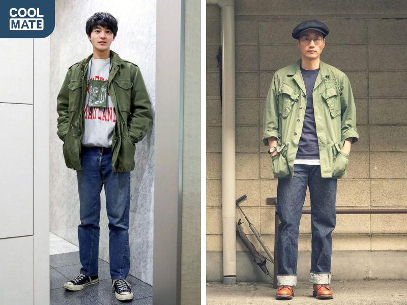 Áo field jacket phối với áo thun cổ tròn 