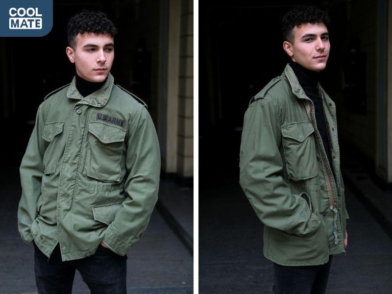 Layer áo field jacket với áo len cổ lọ ấm cúng