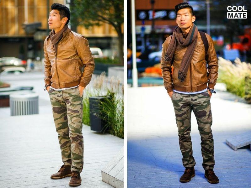 áo khoác da lộn Mix-match ấn tượng cùng quần camo