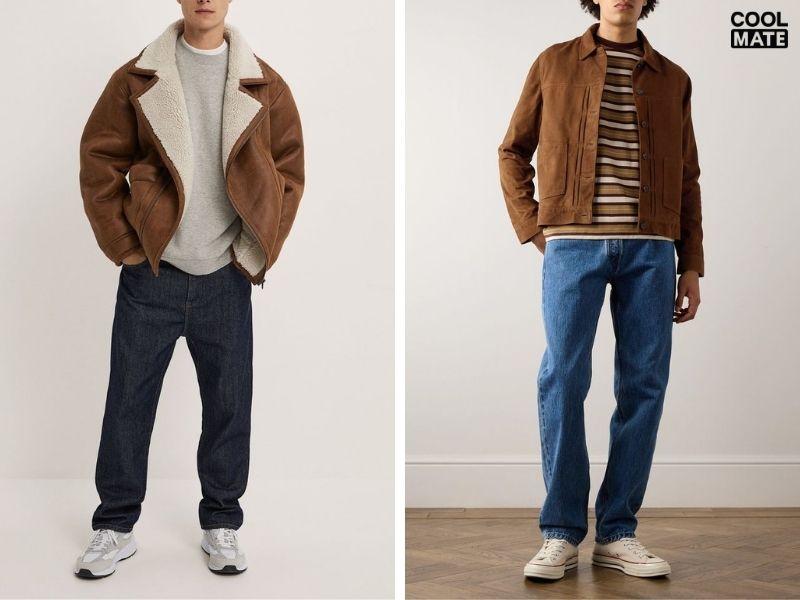 áo khoác da lộn cùng với quần baggy