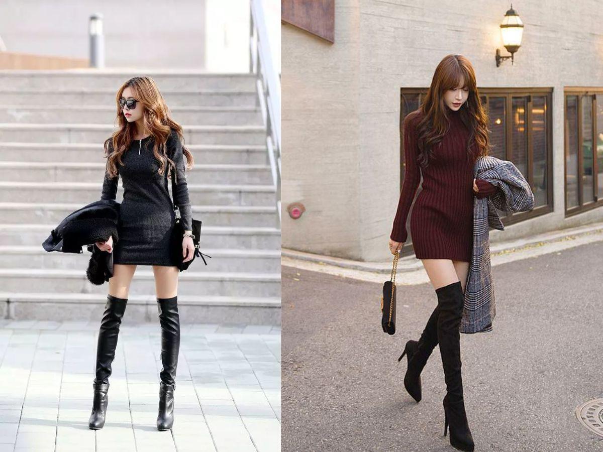 Đầm body mix boot cổ cao ngang đùi cho nàng quyến rũ