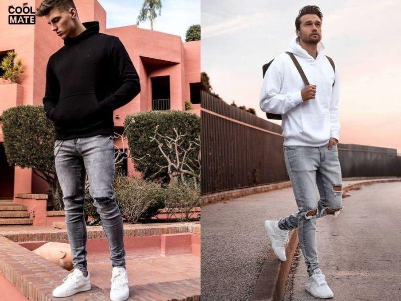 Hoodie trơn + quần jean xanh cổ điển + giày sneaker trắng