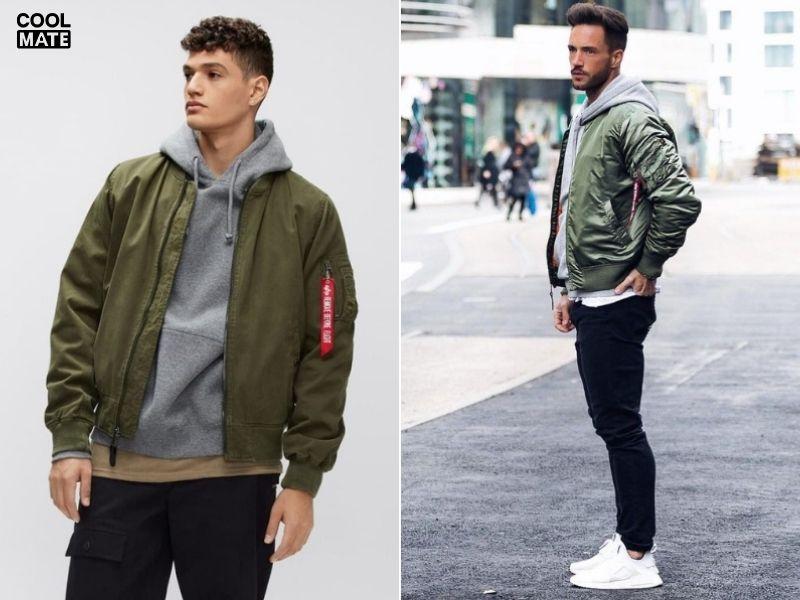 Hoodie họa tiết + bomber màu trung tính + quần jean đen + giày boots - Outfit tạo nên vẻ đẹp cá tính riêng 