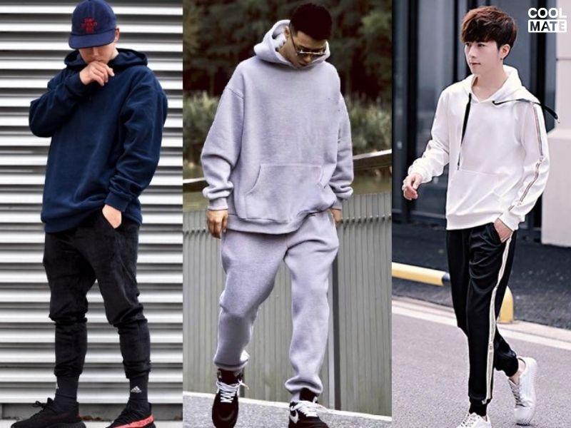 Hoodie oversize + quần jogger bo gấu + giày sneaker chunky