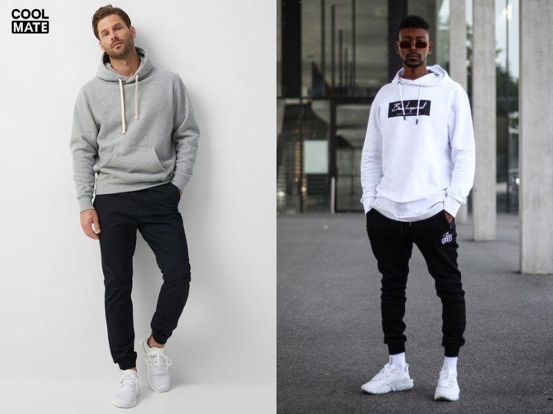 Hoodie màu trung tính + quần jogger đen + giày running
