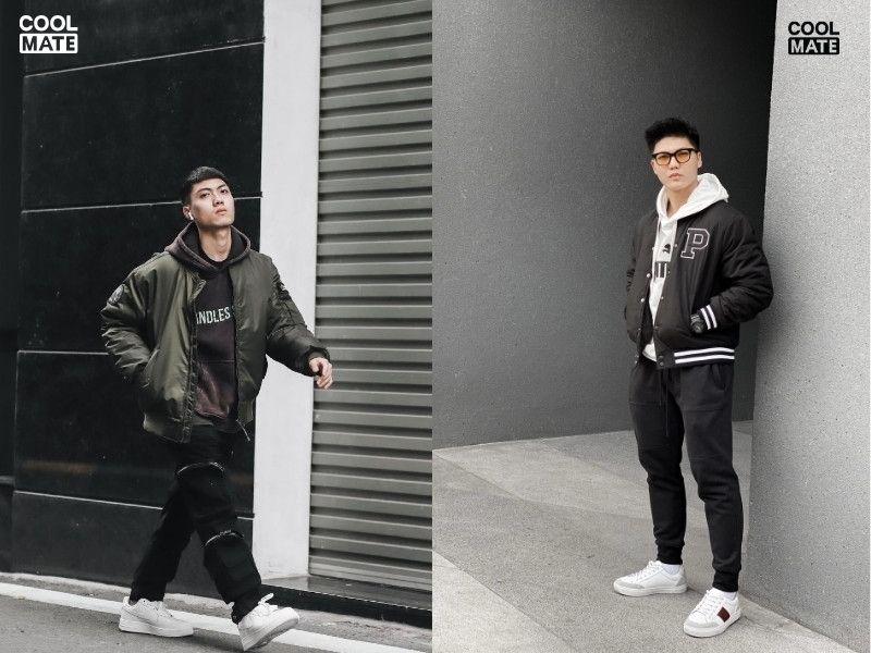 Hoodie trơn màu sáng + bomber đen + quần jogger + giày sneaker