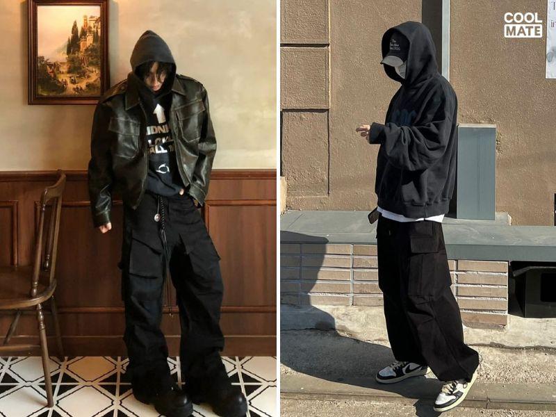 Phối áo hoodie đen với quần túi hộp