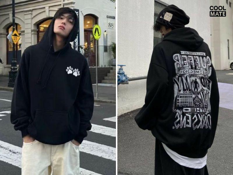 Áo hoodie đen in hình