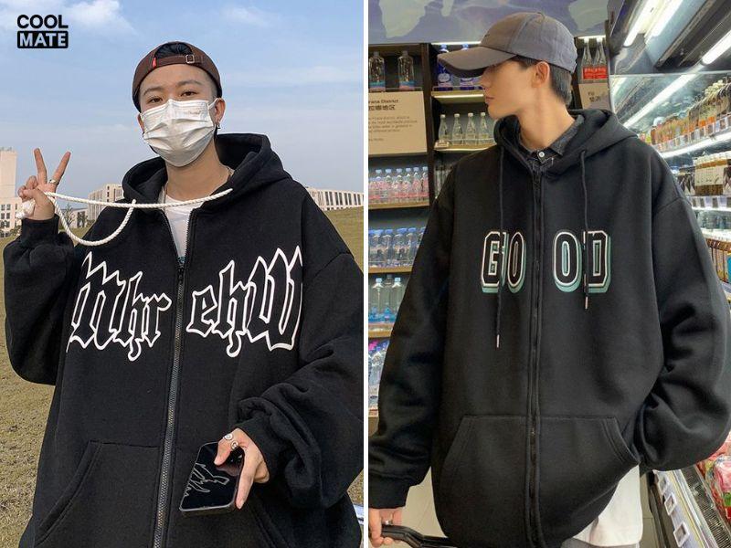 Áo hoodie đen có dây kéo