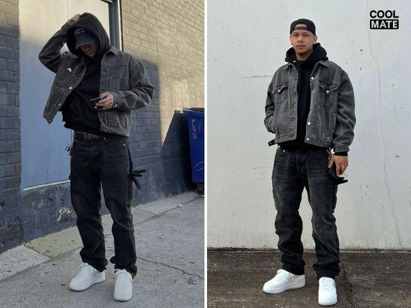 Phối áo hoodie đen với áo khoác jean