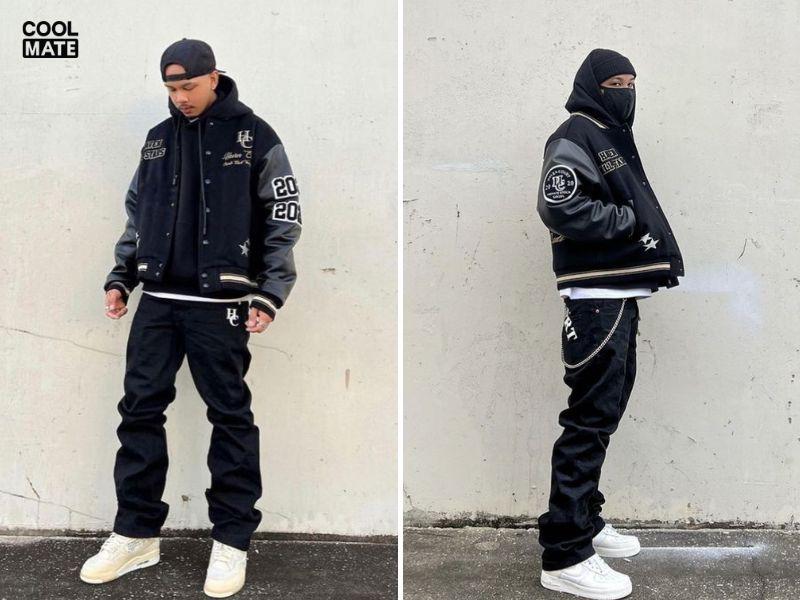 Phối áo hoodie đen với áo bomber