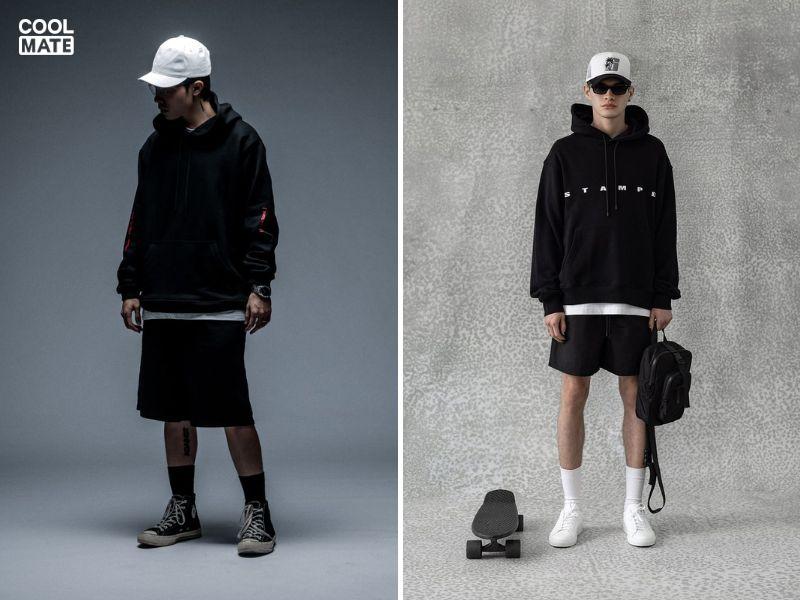 Phối áo hoodie đen với quần short