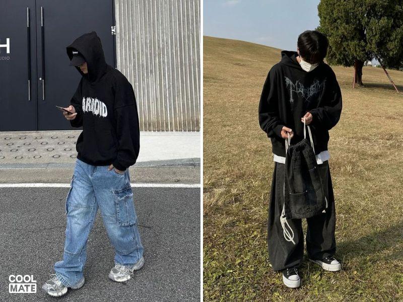 Phối áo hoodie đen với  quần jeans
