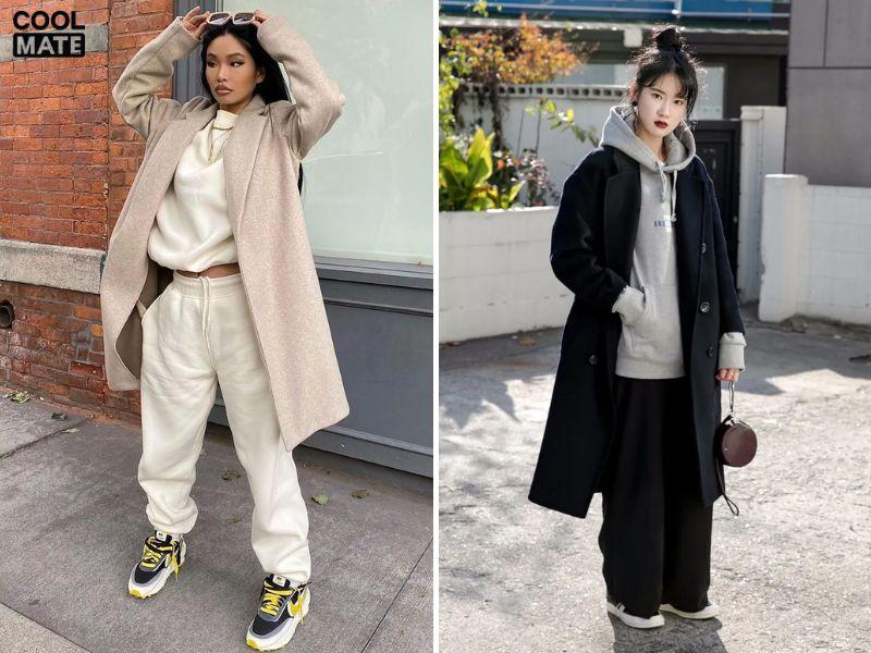 hoodie phối áo khoác măng tô và quần ống rộng