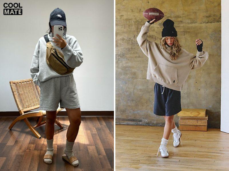 hoodie phối quần short ống rộng