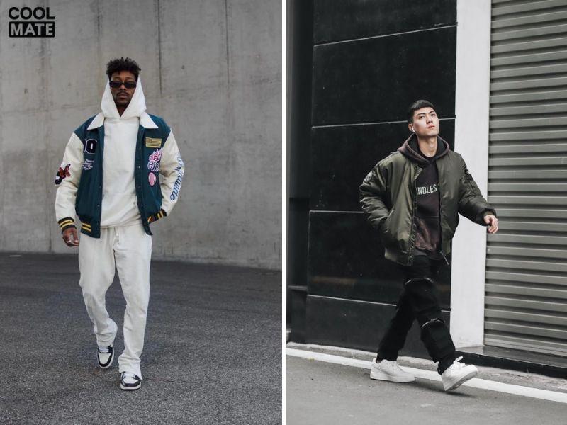 hoodie phối quần ống rộng và áo bomber