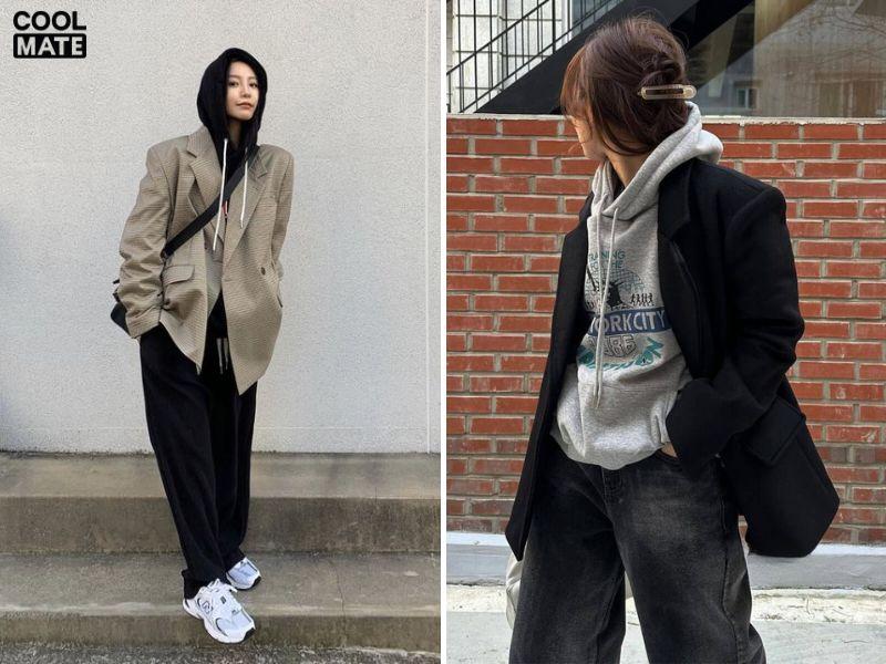hoodie phối áo blazer và quần ống rộng