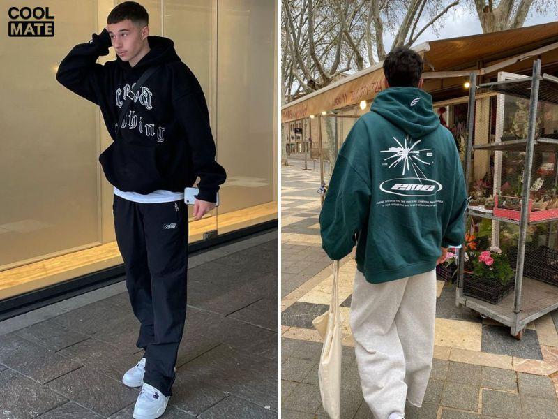 hoodie hoạ tiết phối quần ống rộng
