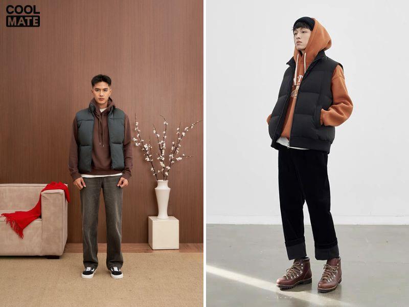 hoodie phối quần ống rộng và áo gile