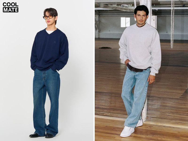 áo hoodie không mũ phối quần ống rộng