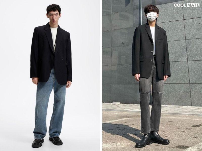 Blazer và quần jean tông đen tối giản
