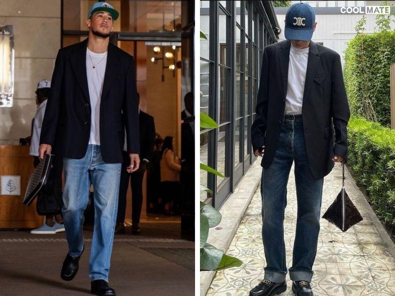 Blazer và quần jean đen mạnh mẽ, nam tính
