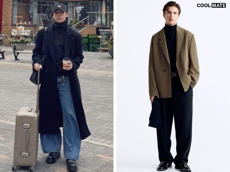 Blazer và quần jean tông ấm mùa thu