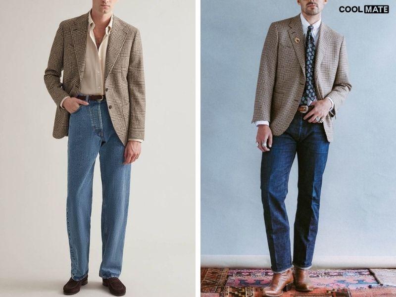 Blazer và quần jean phóng khoáng, nam tính
