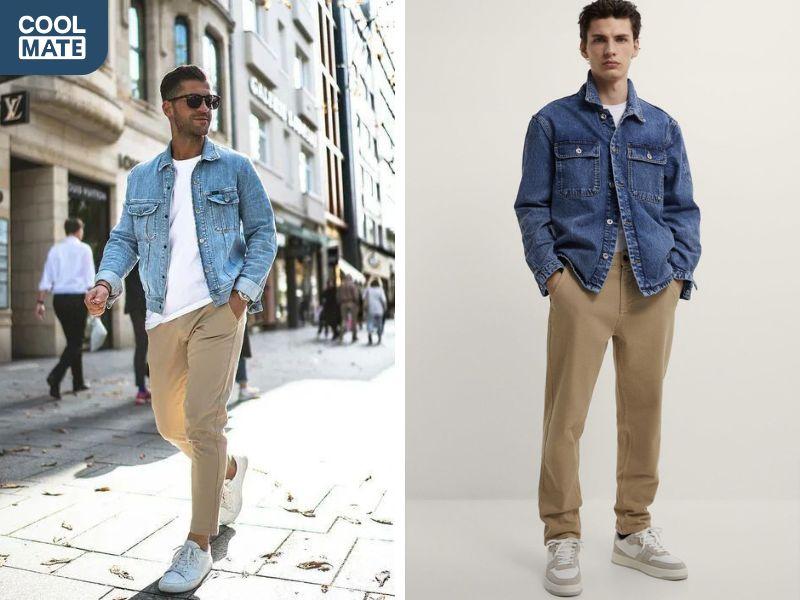 Phối áo khoác jeans với quần tây mang đến sự pha trộn giữa cổ điển