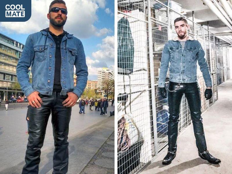 Quần da mang lại vẻ ngoài mạnh mẽ, cá tính khi kết hợp cùng áo khoác jeans